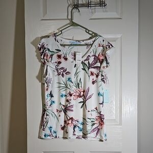 Blue Sol Ruffle Sleeveless Top Pullover Foral Stretch V-Neck Shirt Plus Size 1X